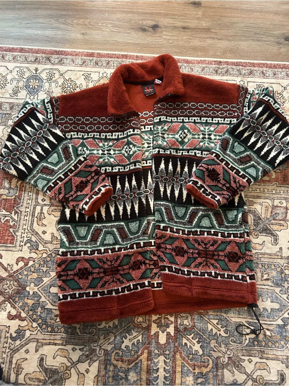Vintage 1990’s Men's Patterned Sherpa Zip Cardigan - Rust Green Black